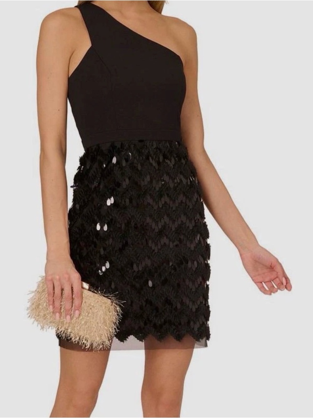 Adrianna Papell One-Shoulder Black Sequin Fringe Dress NWT